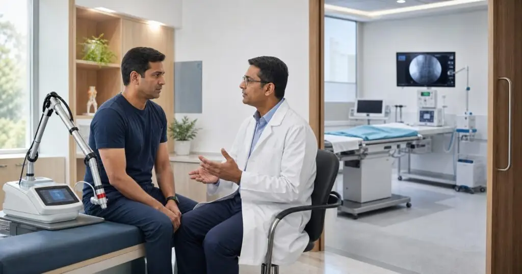 “Orthopaedic doctor providing laser therapy treatment to a patient for pain relief”