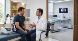 “Orthopaedic doctor providing laser therapy treatment to a patient for pain relief”