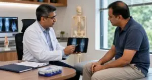 Orthopaedic doctor discussing PRP injection cost and knee joint treatment with a patient during a consultation