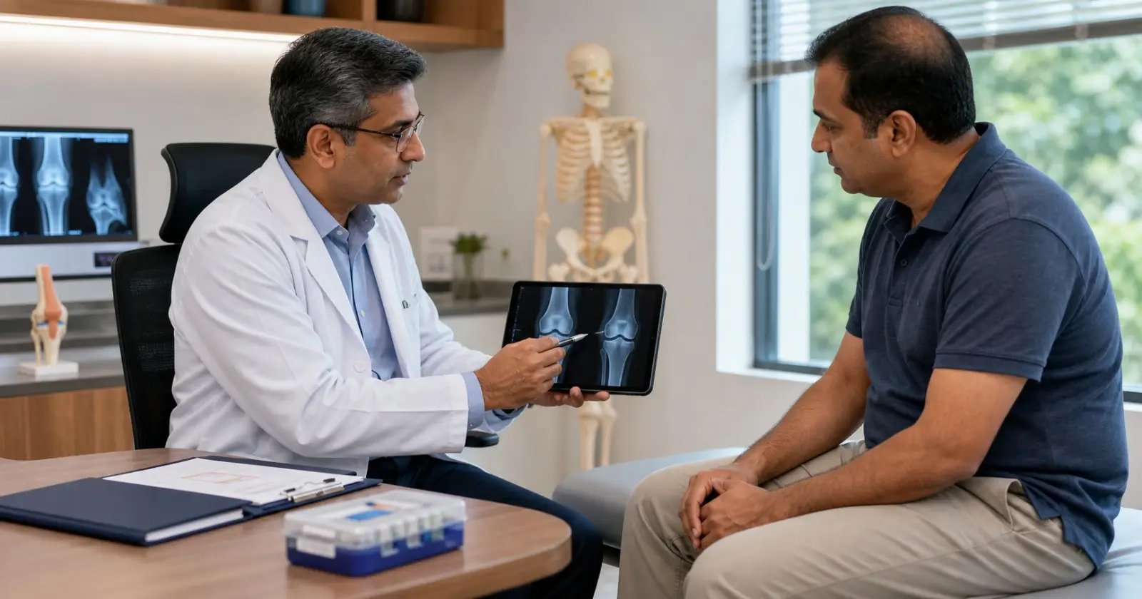 Orthopaedic doctor discussing PRP injection cost and knee joint treatment with a patient during a consultation
