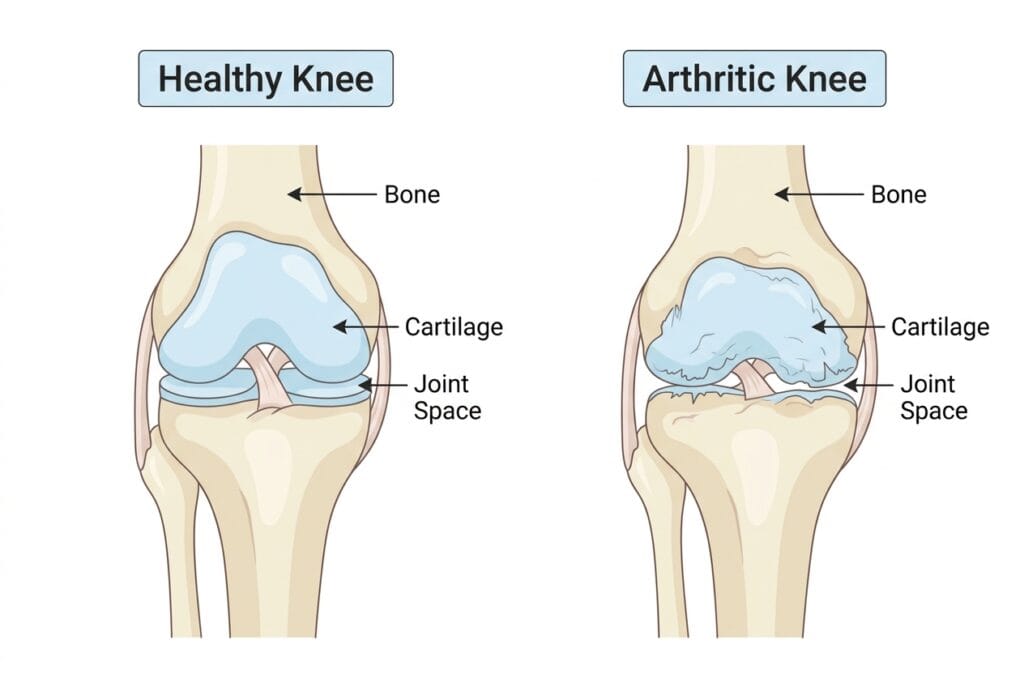 Knee Pain Treatment Without Surgery - Knee Healthy Vs Arthritic Anatomy